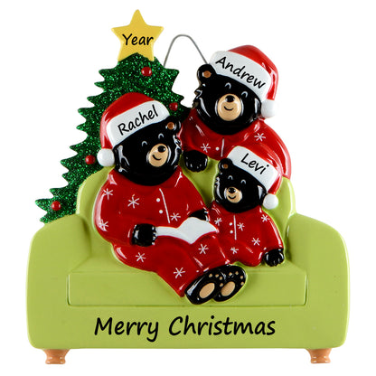 Personalized Reading Bear Family of 3 Christmas Ornament