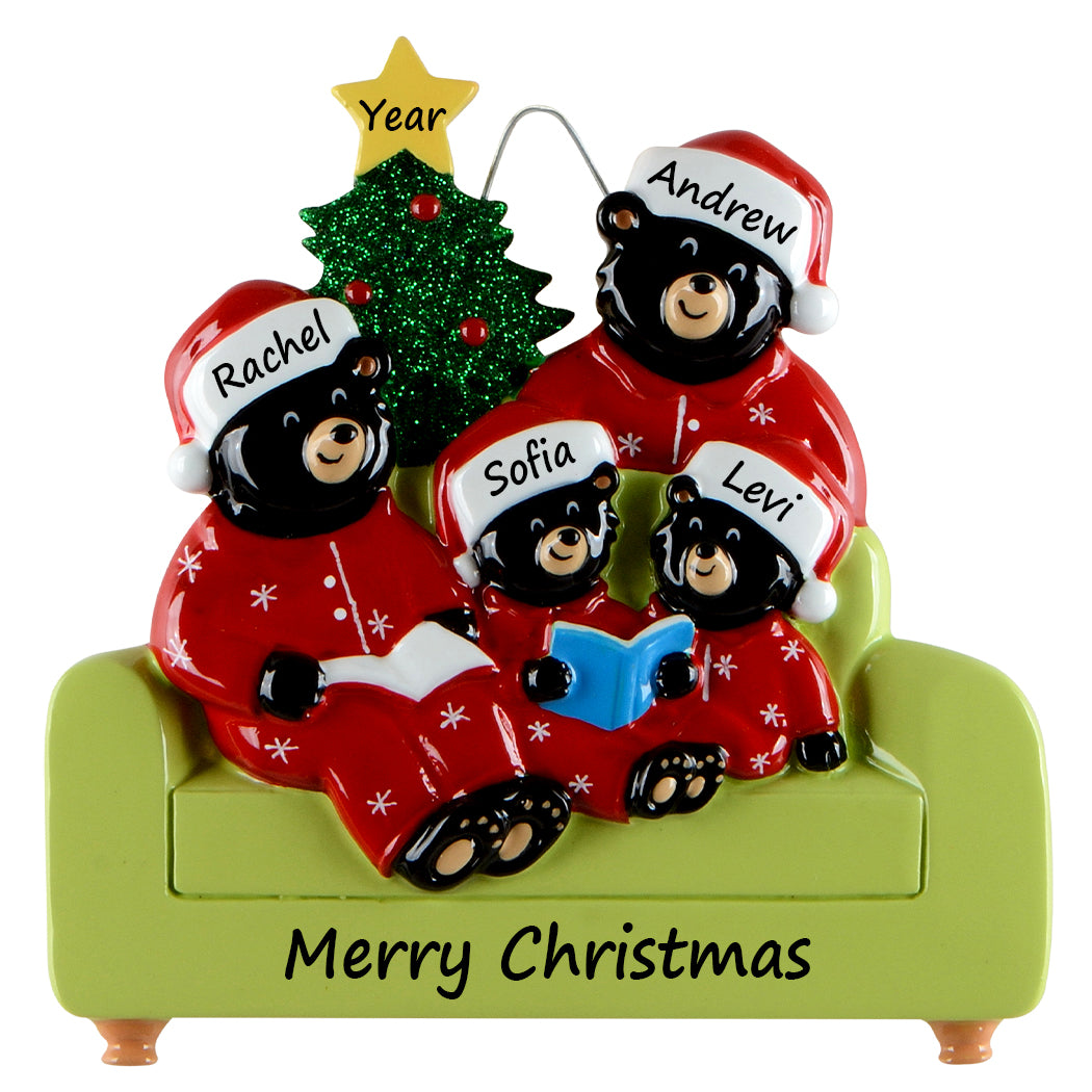 Personalized Reading Bear Family of 4 Christmas Ornament