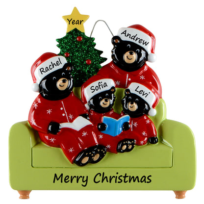 Personalized Reading Bear Family of 4 Christmas Ornament