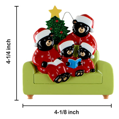 Personalized Reading Bear Family of 4 Christmas Ornament