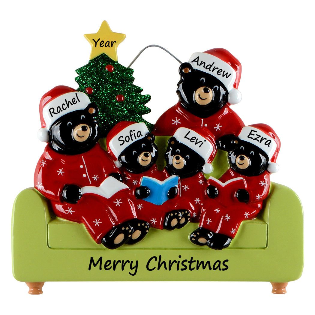 Personalized Reading Bear Family of 5 Christmas Ornament