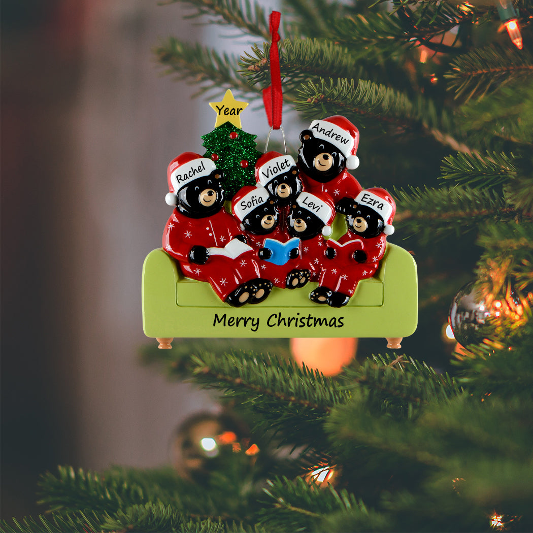 Personalized Reading Bear Family of 6 Christmas Ornament