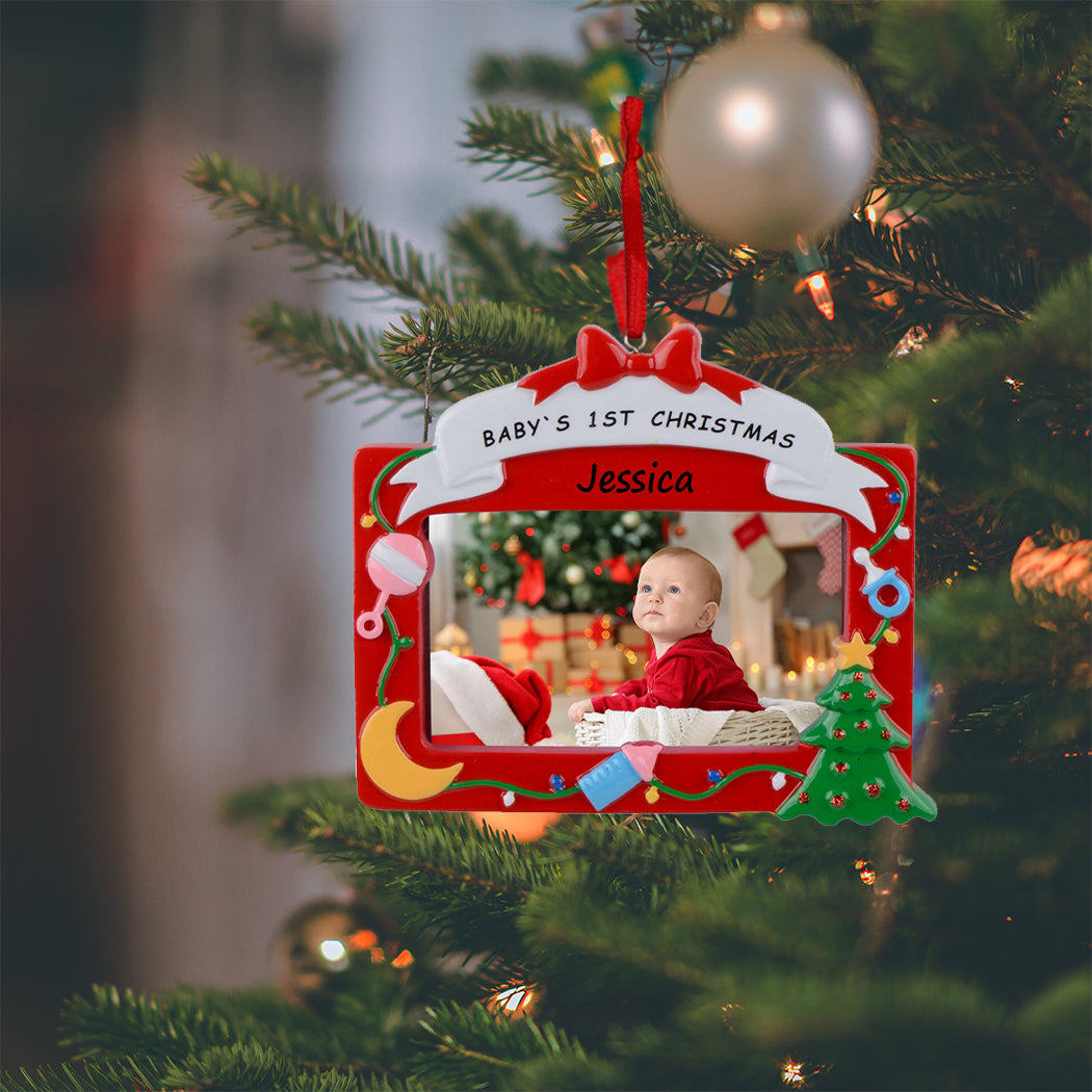 Personalized Red Baby’s 1st Christmas Photo Frame Ornament
