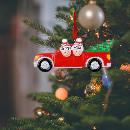 Personalized Red Christmas Pickup Truck Family of 2 Ornament