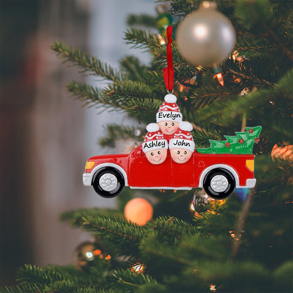 Personalized Red Christmas Pickup Truck Family of 3 Ornament