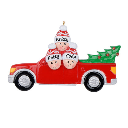 Personalized Red Christmas Pickup Truck Family of 3 Ornament