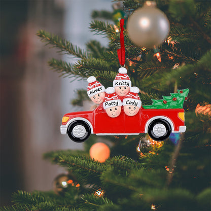 Personalized Red Christmas Pickup Truck Family of 4 Ornament
