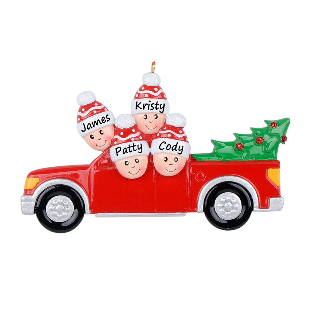Personalized Red Christmas Pickup Truck Family of 4 Ornament