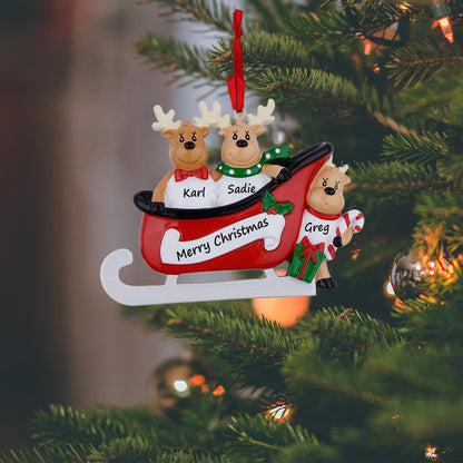Personalized Reindeer Sled Family of 3 Christmas Ornament