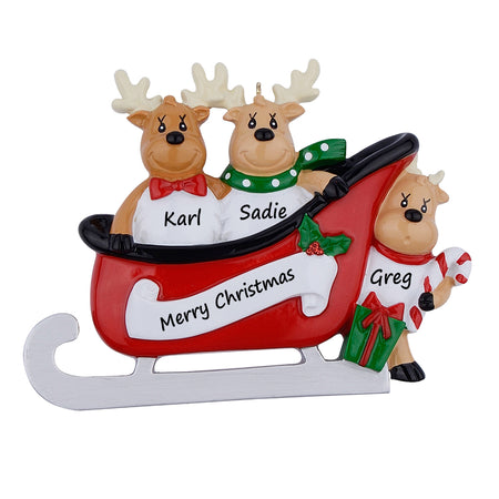 Personalized Reindeer Sled Family of 3 Christmas Ornament