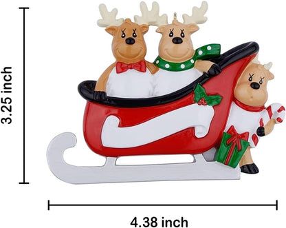 Personalized Reindeer Sled Family of 3 Christmas Ornament