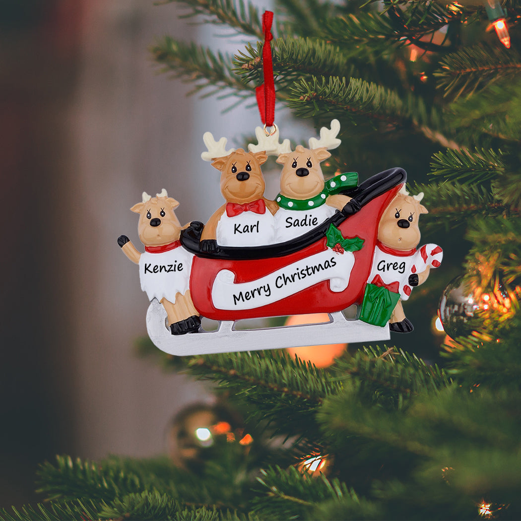 Personalized Reindeer Sled Family of 4 Christmas Ornament