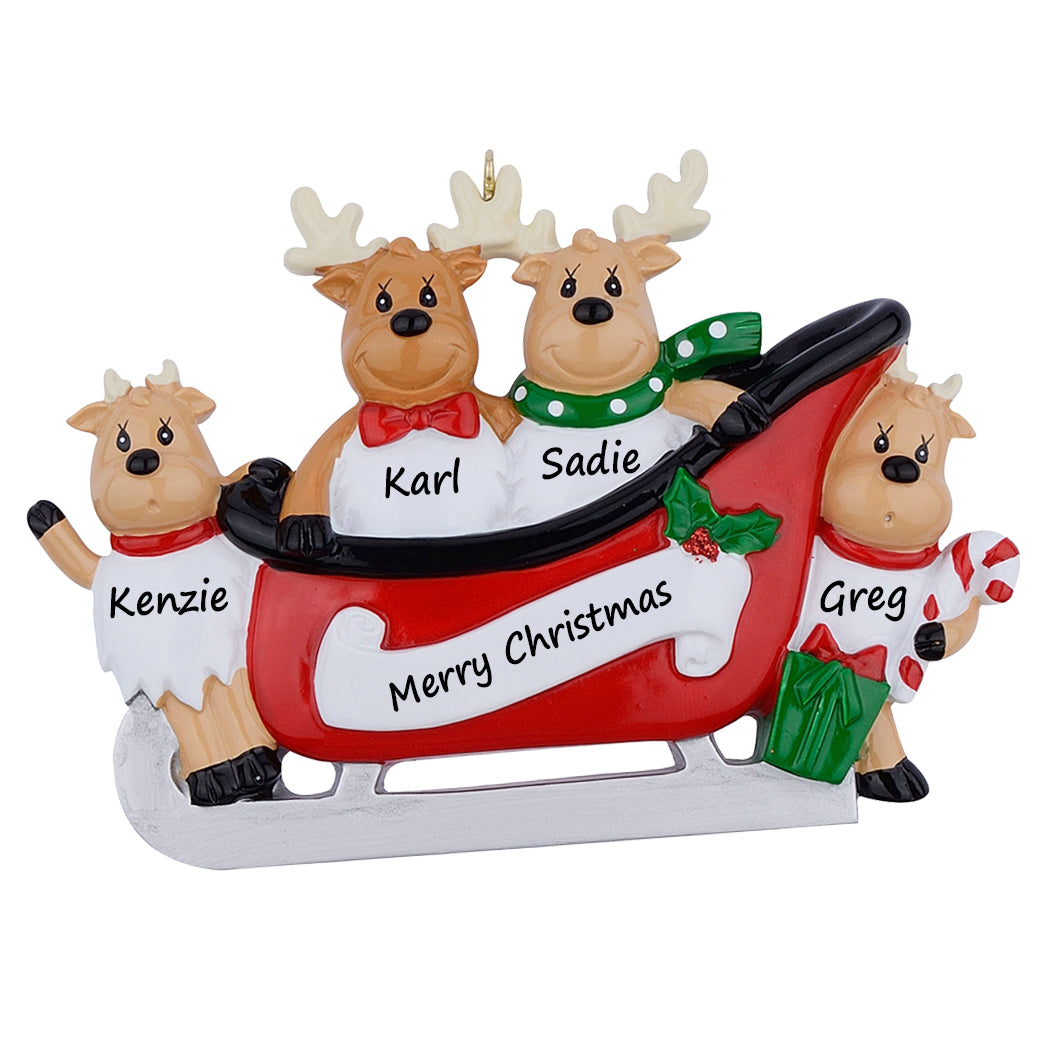 Personalized Reindeer Sled Family of 4 Christmas Ornament
