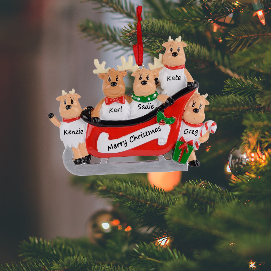 Personalized Reindeer Sled Family of 5 Christmas Ornament
