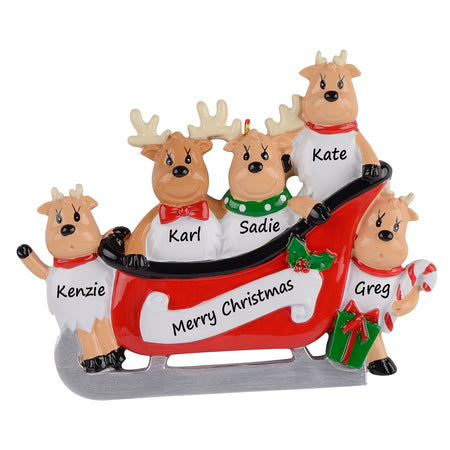 Personalized Reindeer Sled Family of 5 Christmas Ornament