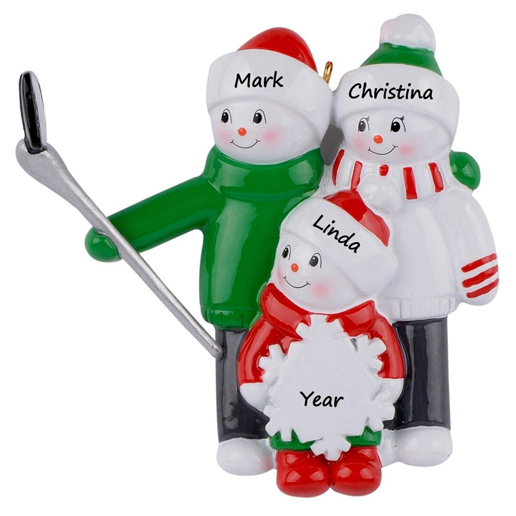 Personalized Selfie Snowman Family of 3 Christmas Ornament