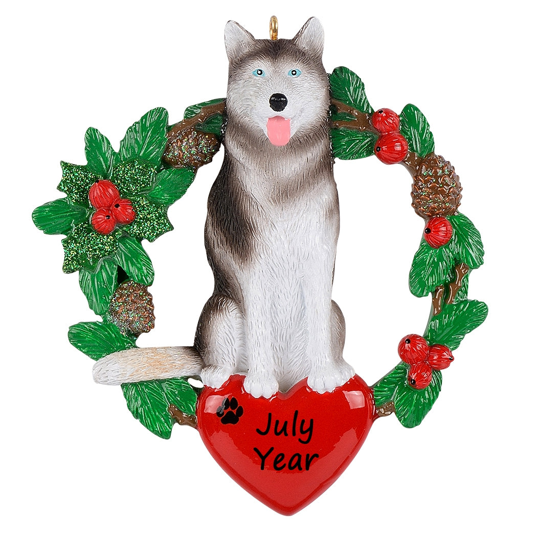 Personalized Siberian Husky Christmas Wreath Ornament