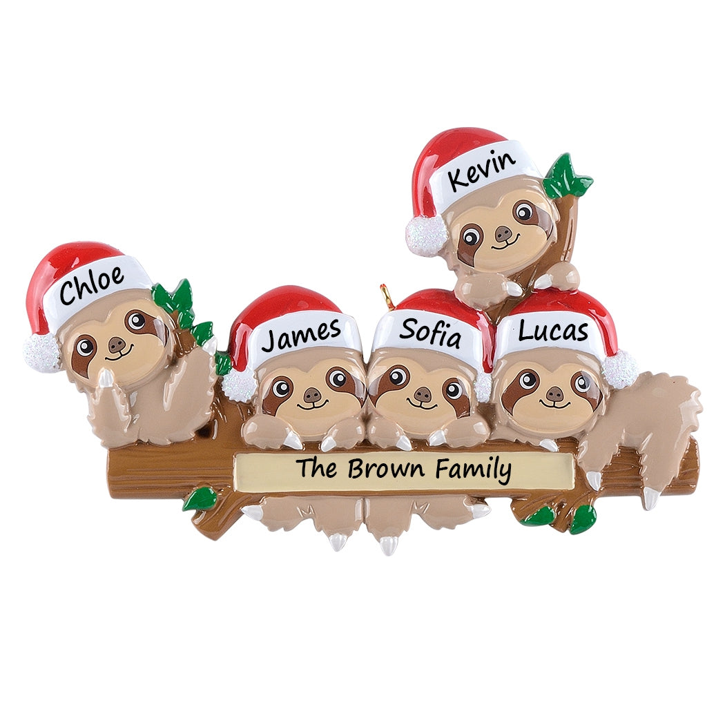 Personalized Sloth Family of 5 Ornament