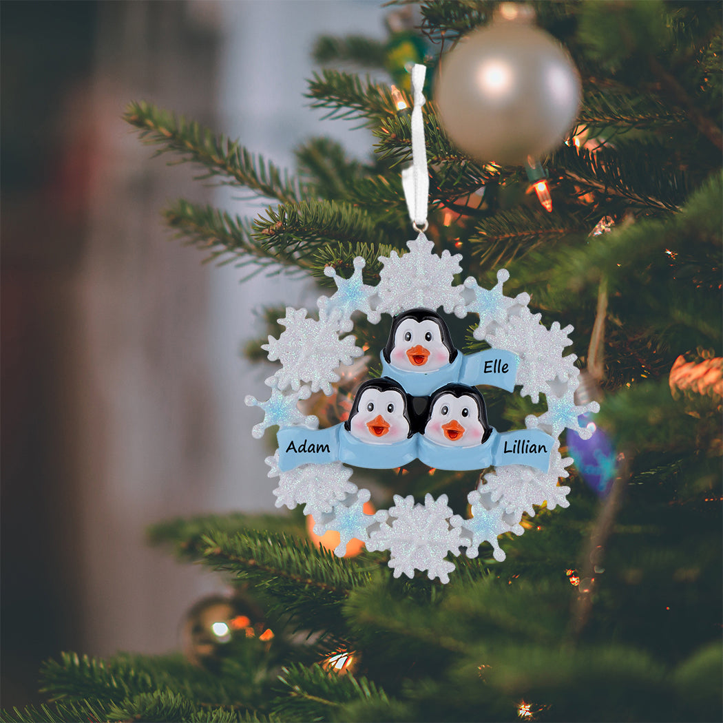 Personalized Snowflake Penguin Family of 3 Christmas Ornament