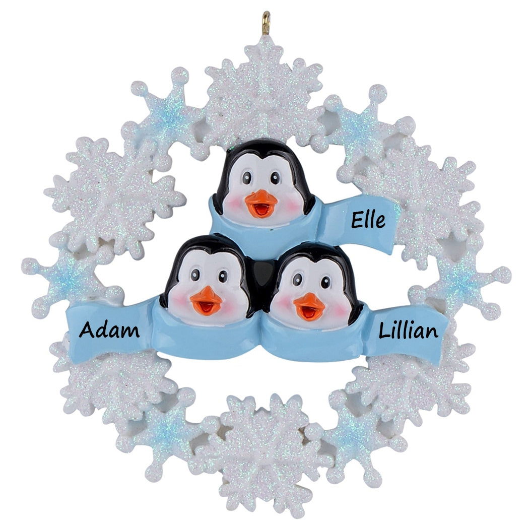 Personalized Snowflake Penguin Family of 3 Christmas Ornament