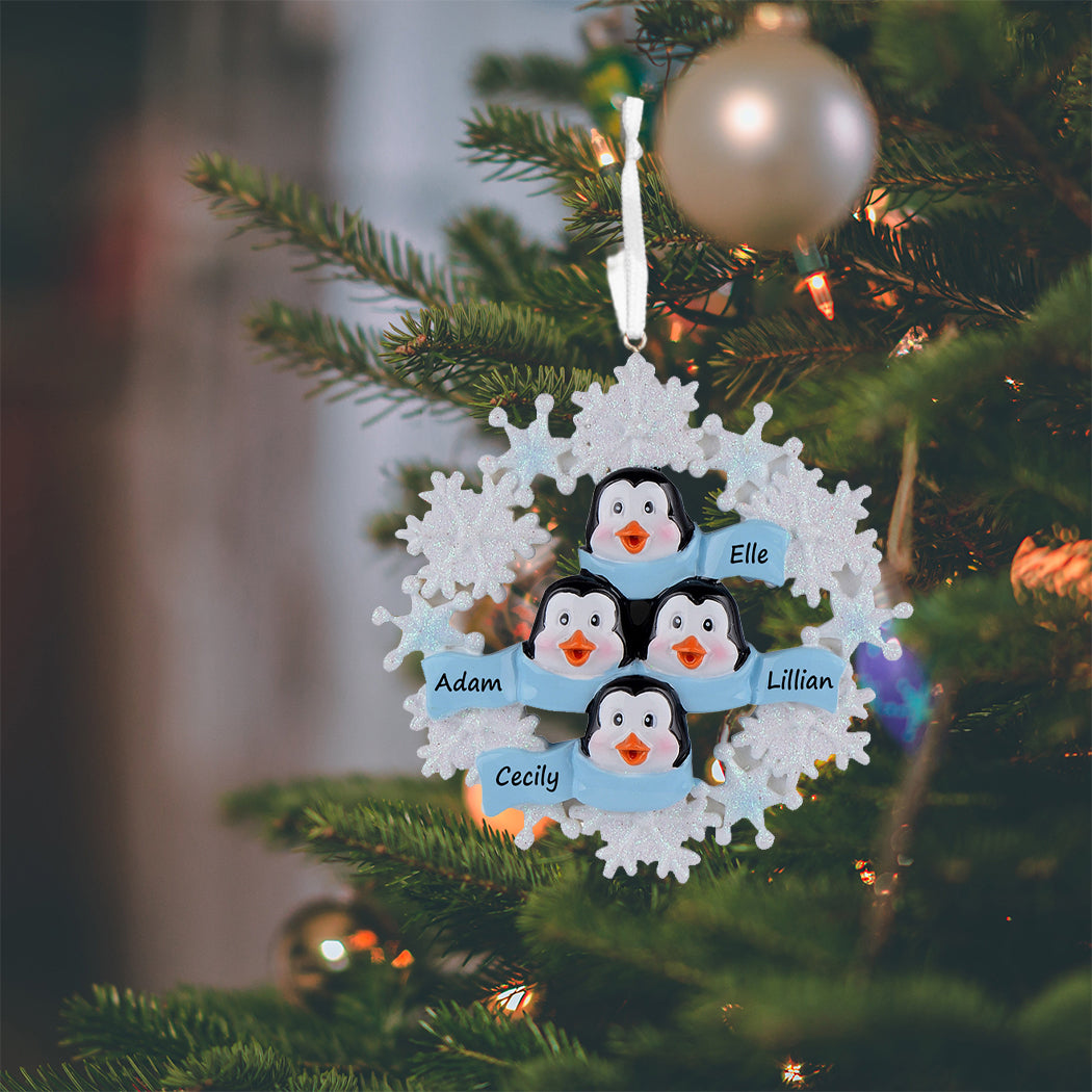 Personalized Snowflake Penguin Family of 4 Christmas Ornament