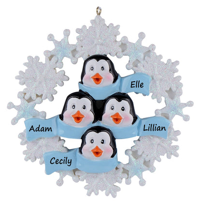 Personalized Snowflake Penguin Family of 4 Christmas Ornament