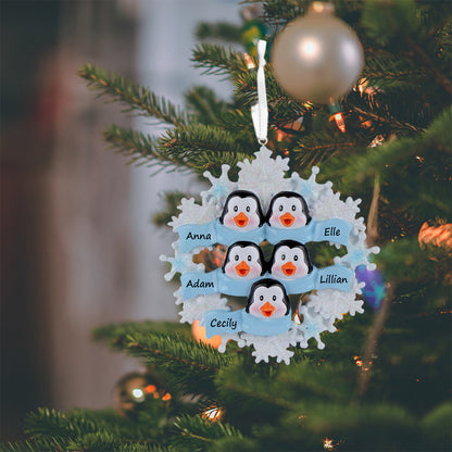 Personalized Snowflake Penguin Family of 5 Christmas Ornament