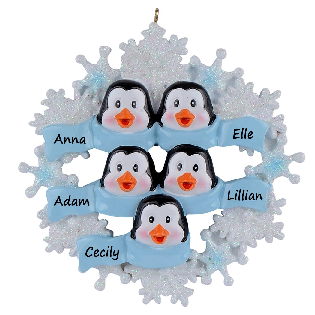 Personalized Snowflake Penguin Family of 5 Christmas Ornament