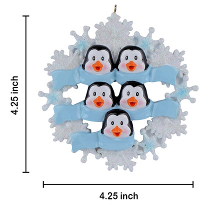 Personalized Snowflake Penguin Family of 5 Christmas Ornament