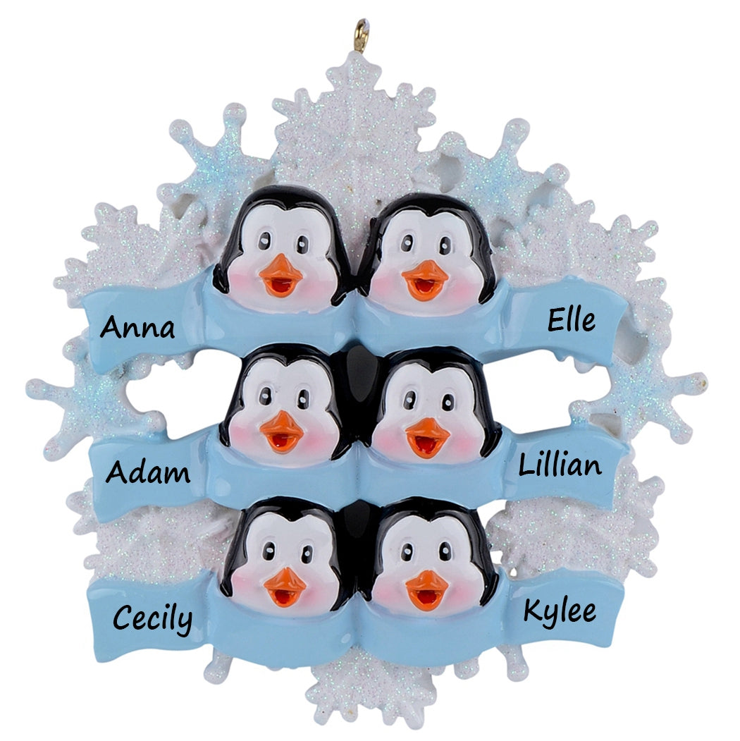 Personalized Snowflake Penguin Family of 6 Christmas Ornament