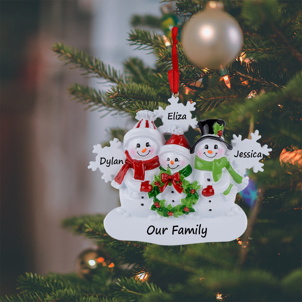 Personalized Snowflake Snowman Family of 3 Christmas Ornament