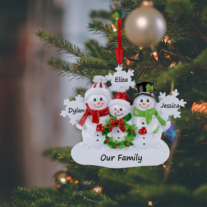 Personalized Snowflake Snowman Family of 3 Christmas Ornament