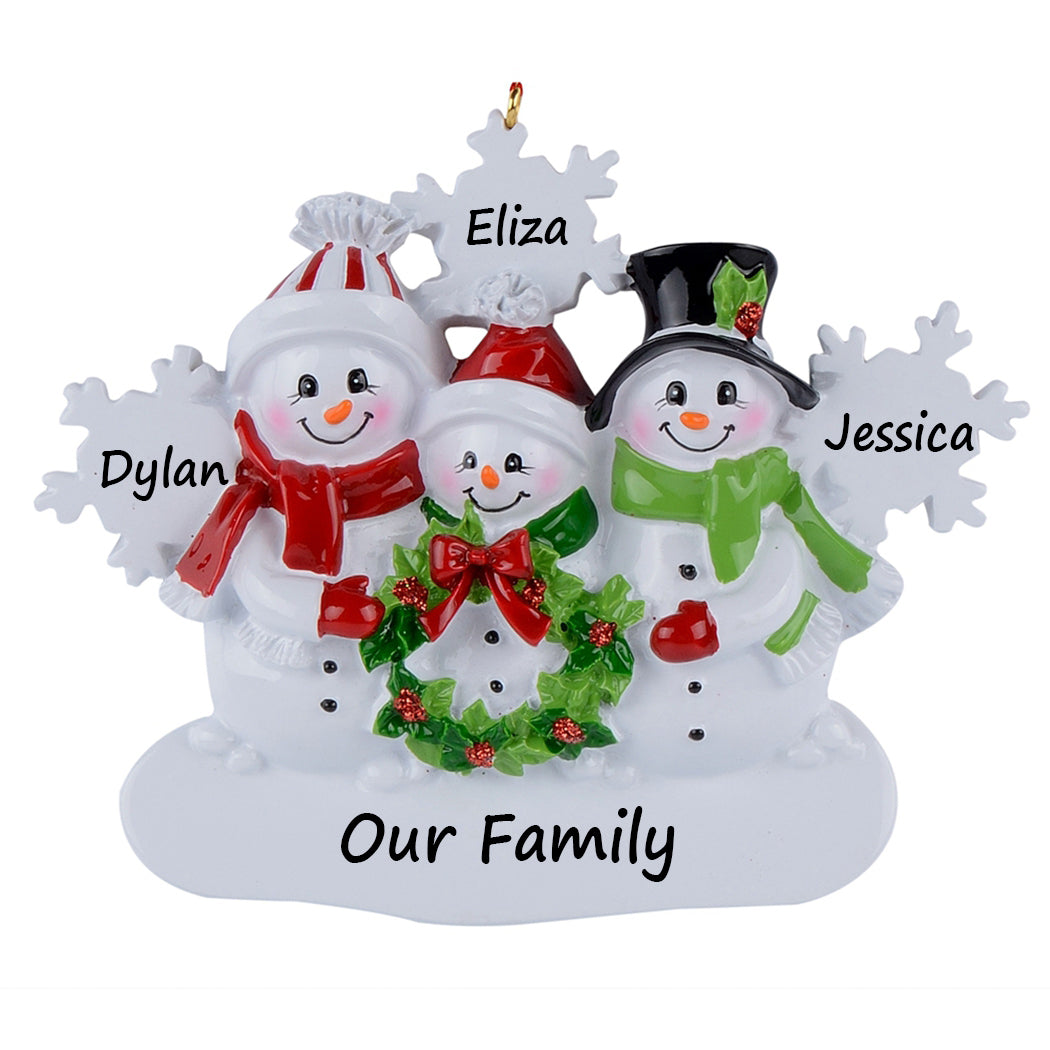 Personalized Snowflake Snowman Family of 3 Christmas Ornament