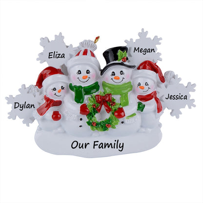 Personalized Snowflake Snowman Family of 4 Christmas Ornament