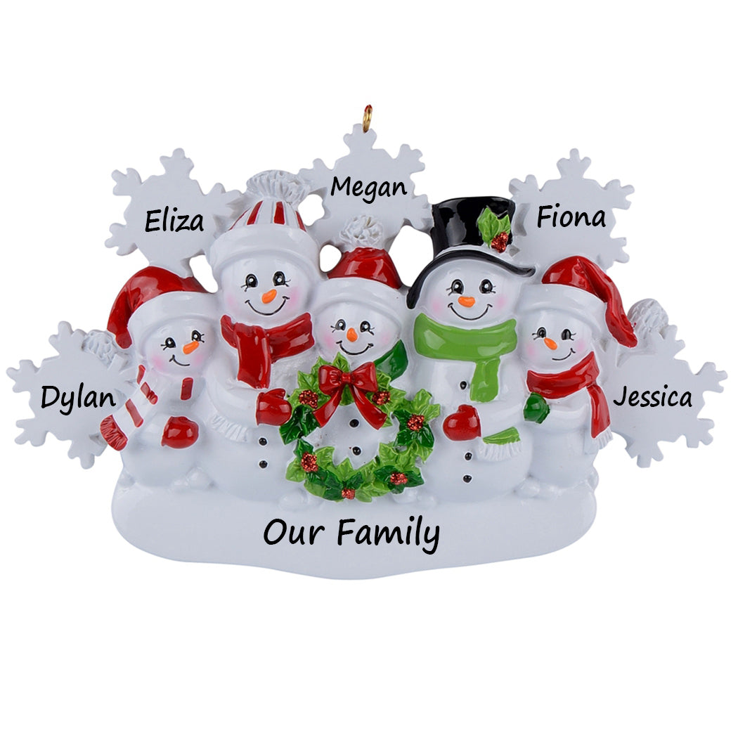 Personalized Snowflake Snowman Family of 5 Christmas Ornament