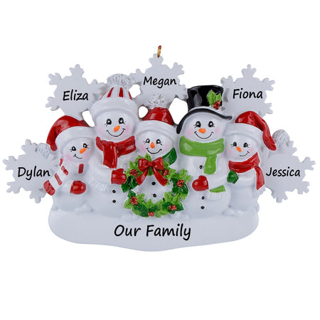 Personalized Snowflake Snowman Family of 5 Christmas Ornament