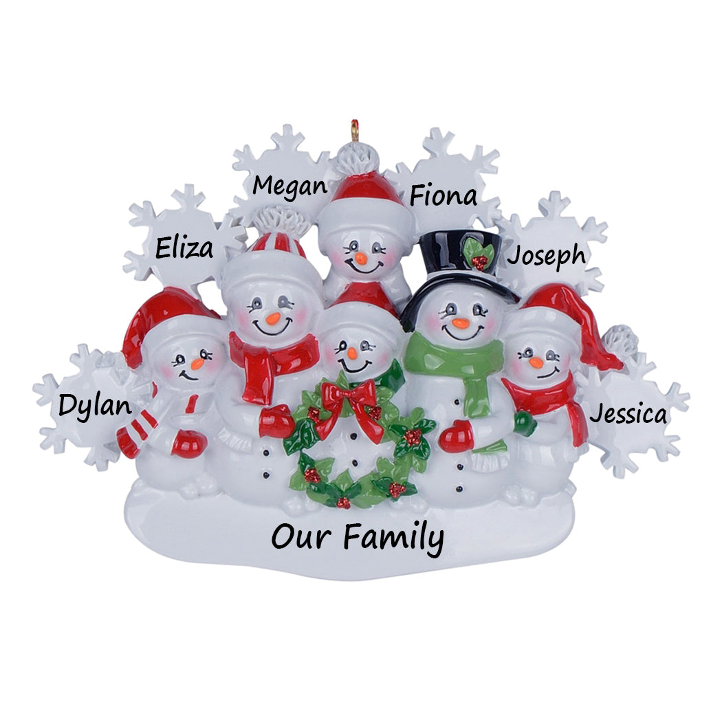 Personalized Snowflake Snowman Family of 6 Christmas Ornament