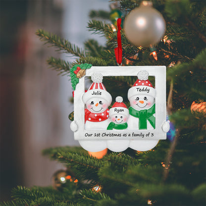 Personalized Snowman Family of 3 Photo Frame Christmas Ornament