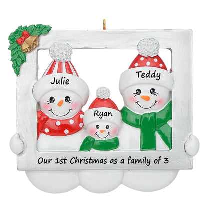 Personalized Snowman Family of 3 Photo Frame Christmas Ornament