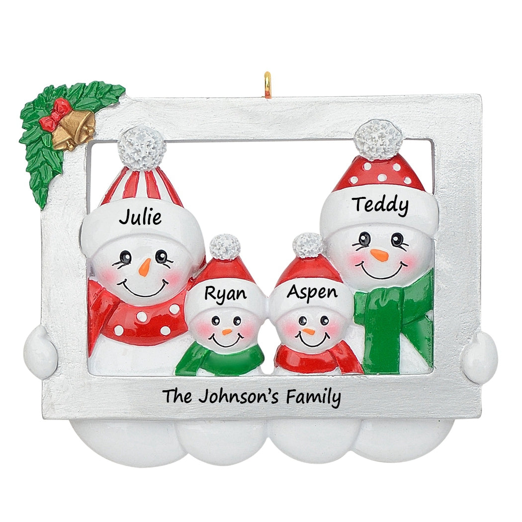 Personalized Snowman Family of 4 Photo Frame Christmas Ornament