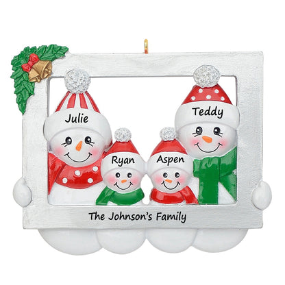 Personalized Snowman Family of 4 Photo Frame Christmas Ornament