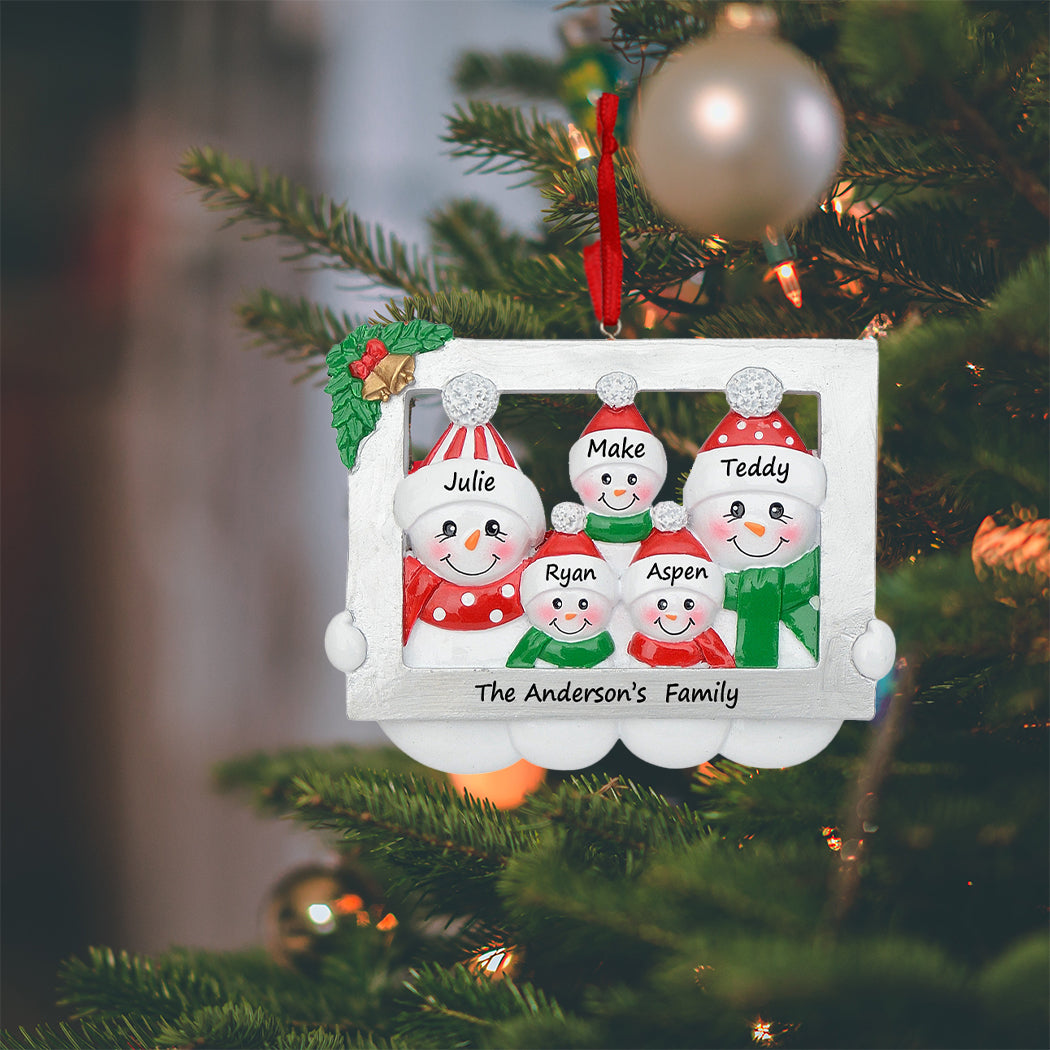Personalized Snowman Family of 5 Photo Frame Christmas Ornament