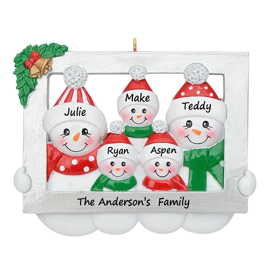 Personalized Snowman Family of 5 Photo Frame Christmas Ornament