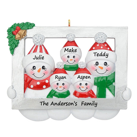 Personalized Snowman Family of 5 Photo Frame Christmas Ornament