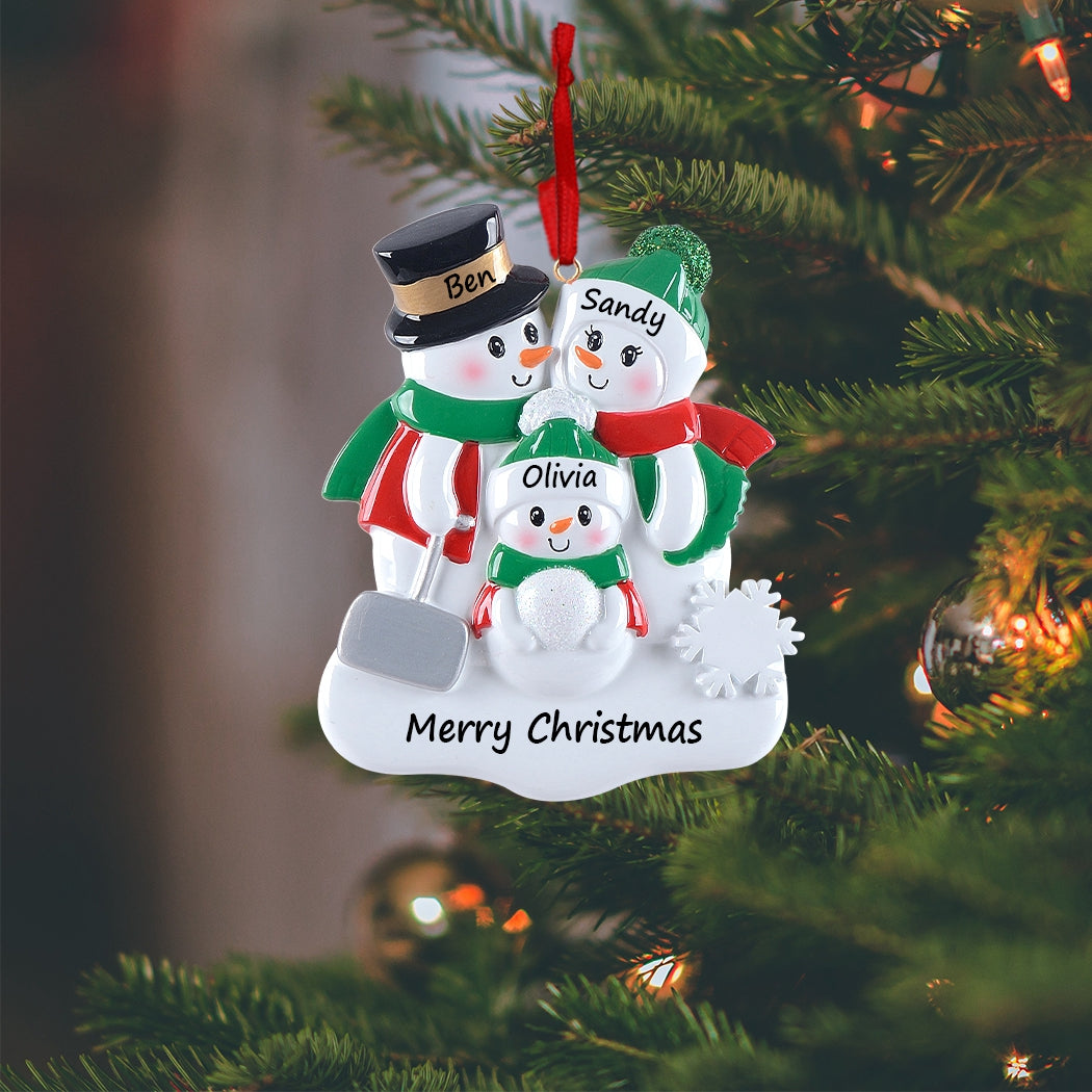 Personalized Snowman with Shovel Family of 3 Christmas Ornament