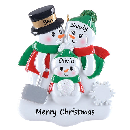 Personalized Snowman with Shovel Family of 3 Christmas Ornament