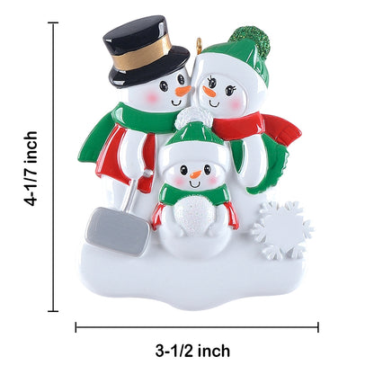 Personalized Snowman with Shovel Family of 3 Christmas Ornament
