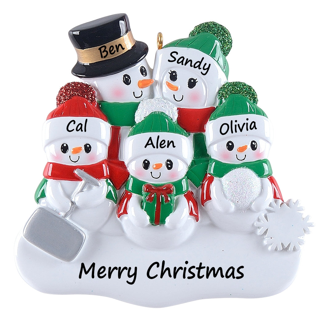 Personalized Snowman with Shovel Family of 5 Christmas Ornament