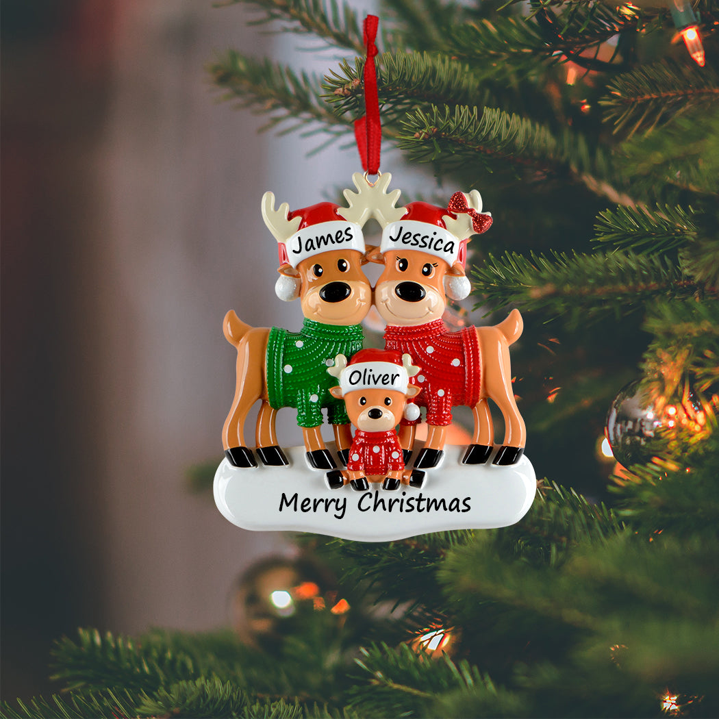 Personalized Christmas Sweater Reindeer Family of 3 Ornament