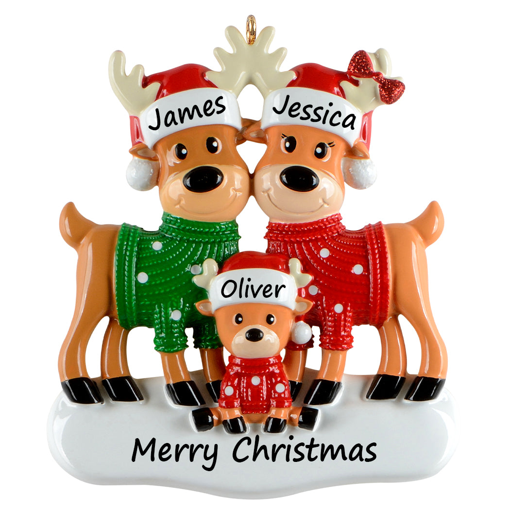 Personalized Christmas Sweater Reindeer Family of 3 Ornament